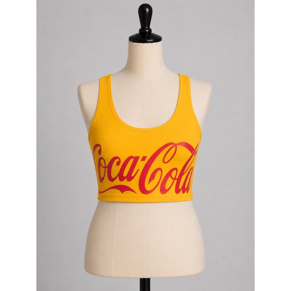 Coca-Cola Yellow Graphic Racerback Crop Top‎ XS Cotton Blend Sleeveless Tank